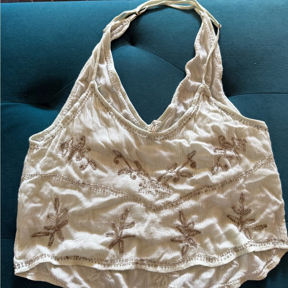 Free People Tan Gold Embellished Crop Tank Top